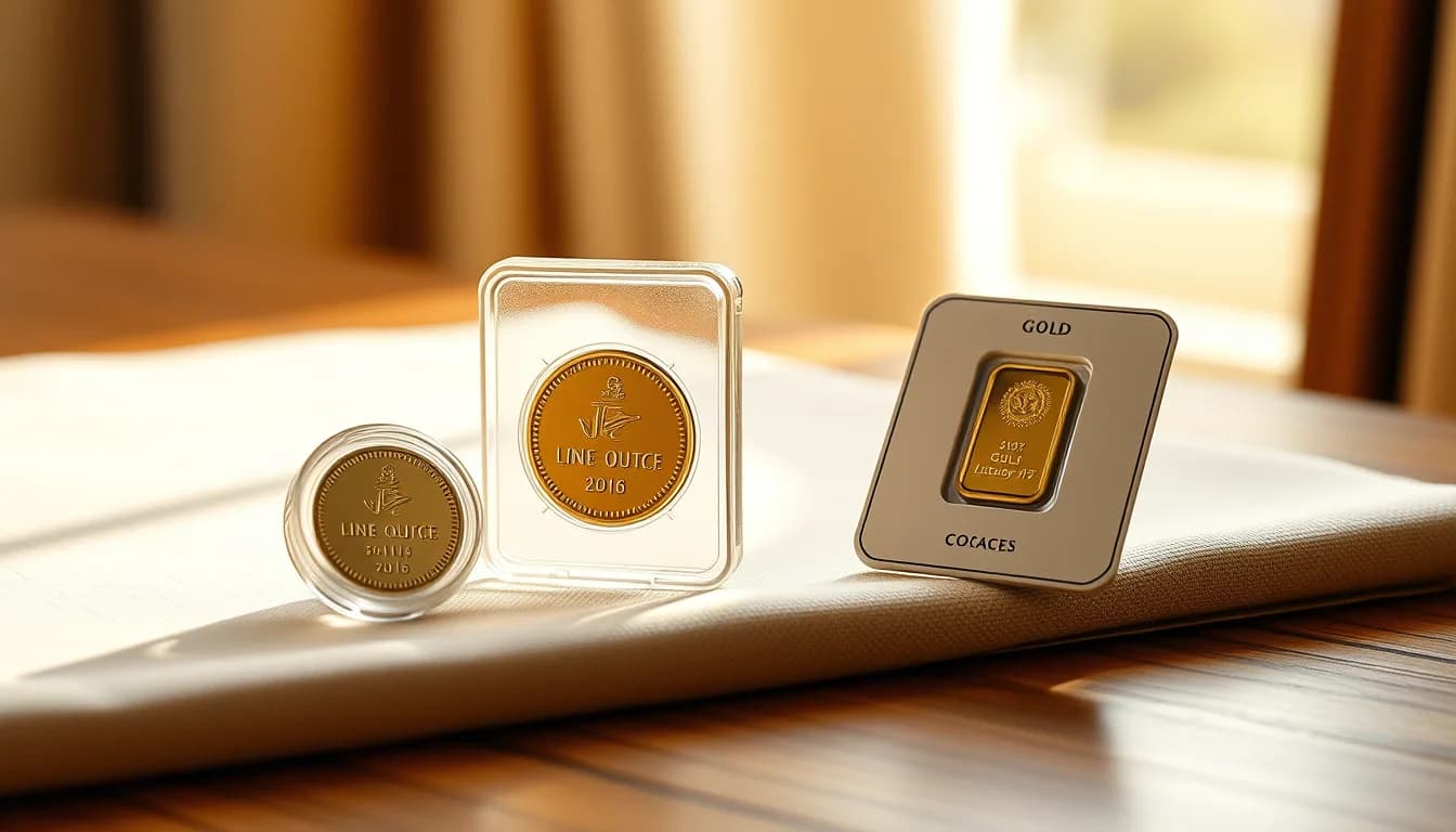 Gold coins in capsules and a gold bar in an assay card