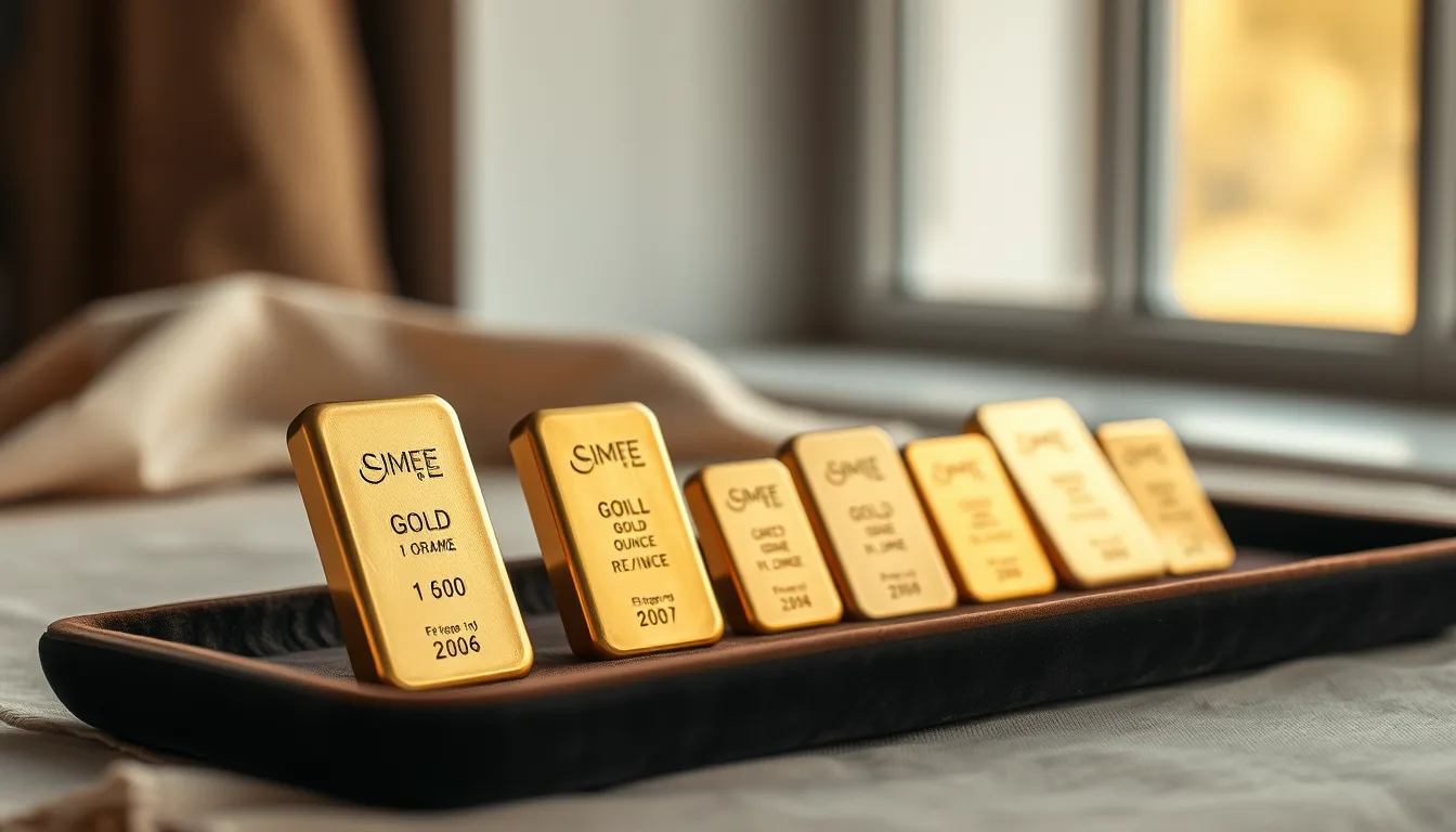Gold bars of different sizes on a velvet tray